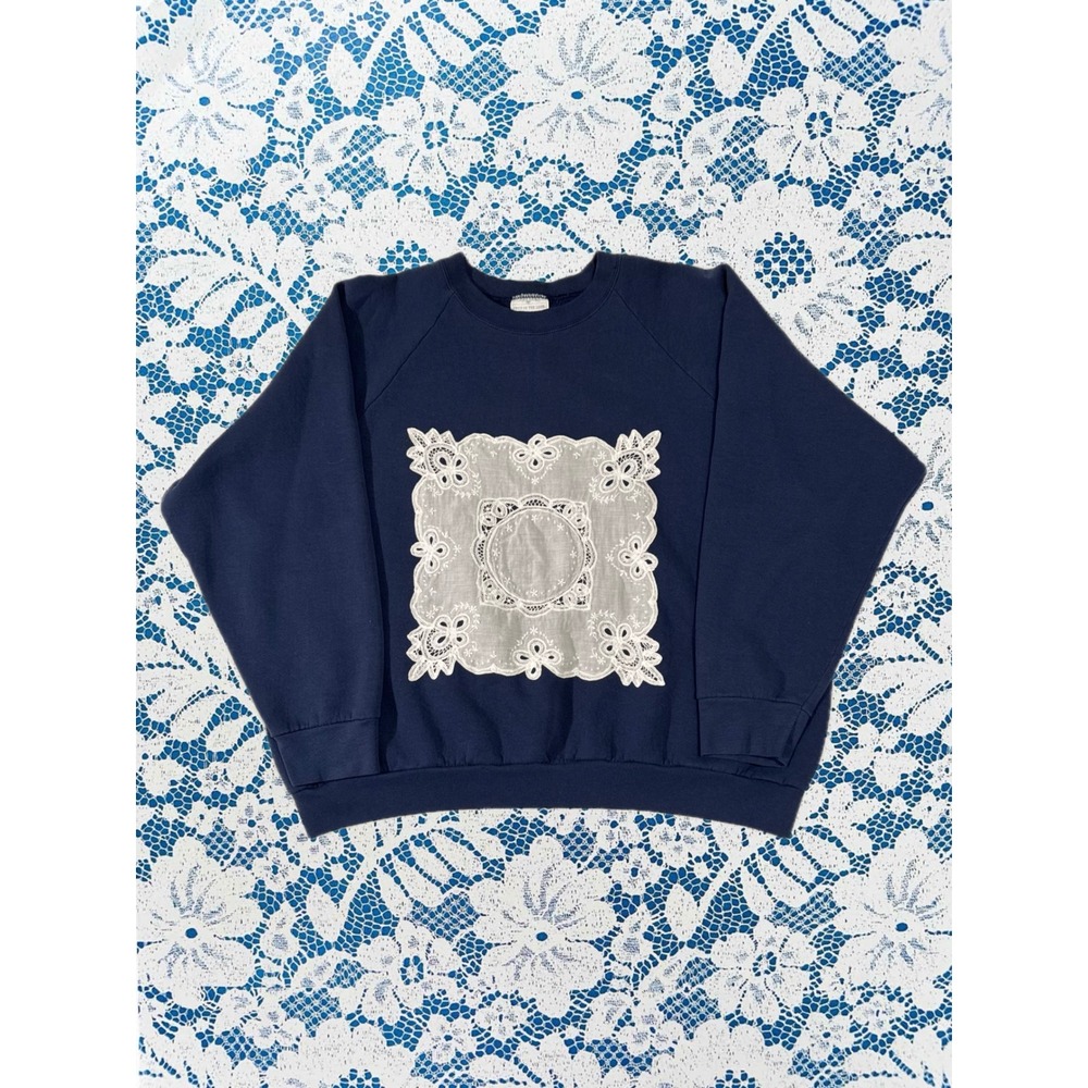 Vintage Fruit of the Loom Navy Sweatshirt XXL Upcycled White Lace Doily Appliqué
